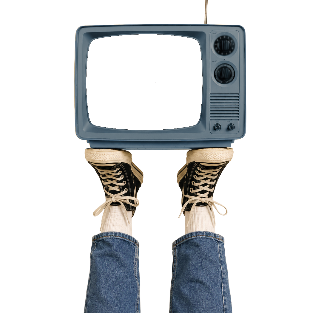 A vintage television balanced on a pair of legs in sneakers, waves moving on its screen
